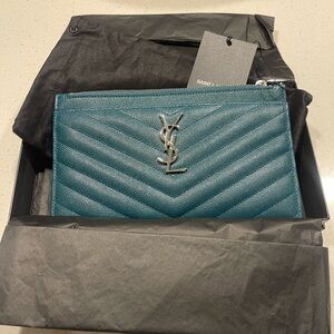 Saint Laurent Teal Quilted Clutch Wallet with Silver Emblem
